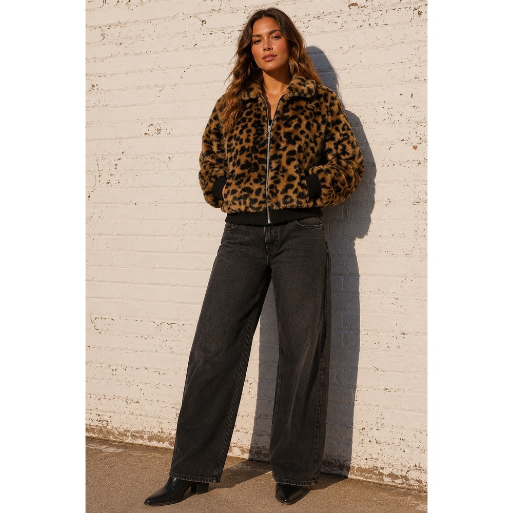 No‎ Boundaries Leopard Faux Fur Jacket Y2K Zip Teddy Bomber Coat L